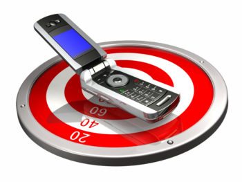 3d illustration of an open mobile phone with a blank screen sitting on top of a metallic red and white target on a white isolated surface
