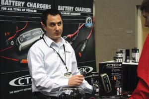 Matt Ingram, regional sales manager for CTEK Power, Inc., the Ohio-based U.S. subsidiary of CTEK Sweden AB, discusses the battery charger at Dealer Expo.