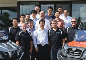 Executives from CFMOTO Power Co. Ltd. and CFMOTO Powersports toured the Leo’s South dealership in Lakeville. Leo’s South owners Randy (front row, left) and Wayne Bedeaux flanked Mr. Guogui Lai, president of CFMOTO.