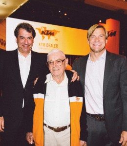 KTM CEO Stefan Pierer (left), Jack Penton, U.S. originator of the KTM brand, and Jon-Erik Burleson, president of KTM North America, celebrated the brand’s 60th anniversary in Austria.
