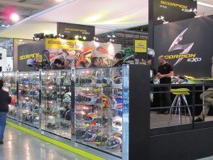 The Scorpion EXO booth featured an array of helmets and a steady number of dealers and distributors looking to do business.
