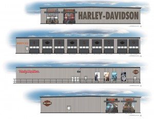 An artist’s rendering of the new Duke City Harley-Davidson in Albuquerque, N.M., shows the emphasis that the dealership is placing on service.
