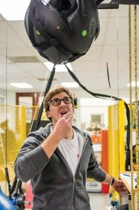 Bell test lab engineer Alex Szela prepares to perform a linear impact test on a Bell Moto-9 helmet at the company’s Scotts Valley, Calif., facility.