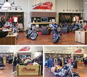 Dealerships such as Mies Outland in Watkins, Minn. (top), and Big #1 Motorsports in Birmingham, Ala. (bottom), have undergone build outs to accomodate the new Indian Motorcycle line.