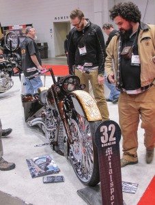 Industry types crowded the Matt Hotch custom bike throughout V-Twin Expo to get a closer look at Vee Rubber’s 32-inch front.