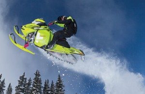 Bright, bold colors, such as the Manta Green/Magenta seen on the 2015 Freeride, played a big part in Ski-Doo’s new model release. 