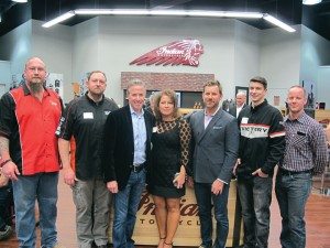 Industry types were well represented at the American Heritage Motorcycles Chicago West store’s VIP grand opening. (From left) Jason Mroz, sales, American Heritage; Rob Shipinski, sales rep, Tucker Rocky Distributing; Dave Yeargin, Dominion Powersports; Amanda Blackstone and Duncan Butler, principals, The Butler Group Atlanta LLC; Mike Farrell, sales, American Heritage; and Matt Strader, Commercial Technology Leader at GE Capital, Commercial Distribution Finance.