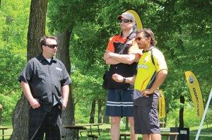 From left: Tyler Tripp, in sales at St. Boni Motorsports in St. Bonifacius, Minn., and Dave Williams, in sales at Danner Sales in Inver Grove Heights, Minn., chat with Sea-Doo’s Mark Villon during the #SparkSomeFun Tour at Lake Independence near Minneapolis.