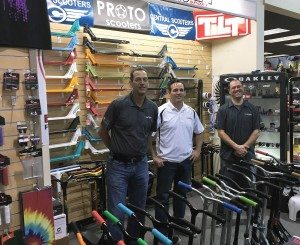 Maxim Honda Yamaha in Texas has added trick scooters to its showroom with great success. (From left) GM Matt Maschmann, owner Jason Brisendine and parts and apparel manager Bryan Hoover says its profitable space. 