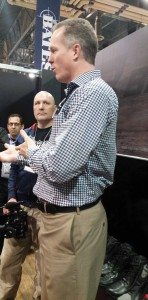 Andrew Fowler, director of operations for Bates Footwear, talks to the media about Bates’ new motorcycle line at the SHOT Show in Las Vegas.