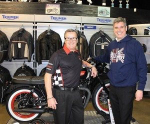 Nick Bloor (right), CEO of Triumph Motorcycles Ltd., recently visited Tom Hicks (left), owner of Southern California Motorcycles in Brea. Bloor visited stateside to celebrate the dealership’s continuously high Triumph sales, gifting Hicks an original artwork and spec sheet. 