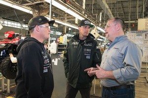 Ricky Carmichael (left) and Carey Hart (center), leaders of the RCH Soaring Eagle/Jimmy Johns/Suzuki Factory Racing Supercross team, with Rod Lopusnak, director and operations head for motorcycle/ATV sales at the Suzuki Manufacturing of America Corporation facility in Rome, Ga.
