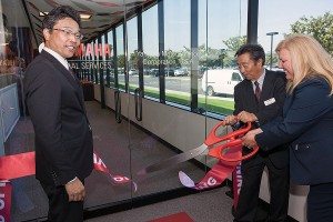 (From left) Terry Okawa, president of Yamaha Motor Corp., U.S.A., Toshi Kato, director, Yamaha Motor Corp. and Kim Ruiz, president and CEO of Yamaha Motor Finance Corp., U.S.A., were stars at the ribbon-cutting ceremony in Cypress, Calif.