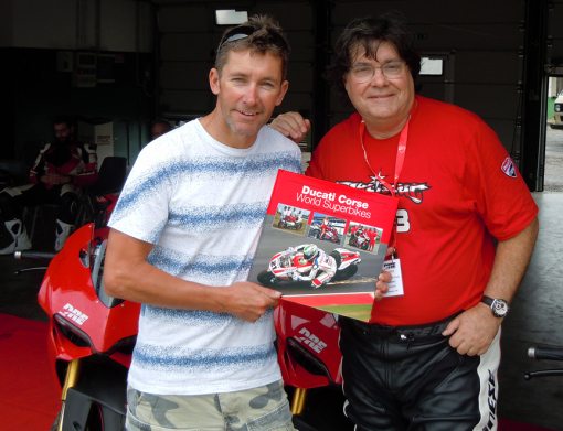 3-Time Ducati World Superbike Champion Troy Bayliss with Jim Gianatsis and the book “Ducati Corse World Superbikes”