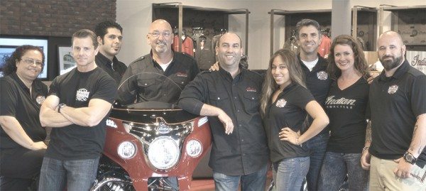 Indian Motorcycle Los Angeles staff, from left: Marisol Moya, Service Manager; Chris Clovis, EagleRider Vice-President; Sal LoGrasso, Sales Manager; Tambi Lowstan, General Manager; Gary Guillen, Finance Manager; Alexis Hinckley, Apparel Manager; Mario Vindeni, Rental Manager; Sally Case, Guest Relations Manager; and Dominick Isca, Service Writer.
