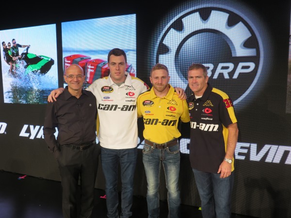(From the left) Jose Boisjoli, BRP president and CEO; Alex Labbe, NASCAR Canadian Tire Series; Jeffrey Earnhardt and Bobby Labonte, NASCAR No. 32 Sprint Cup Series racing team drivers. 