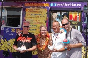 A stop at the Rockin Ice Hawaiian Shave Ice truck was an ideal spot to cool down after a demo ride for West Virginia dealers Buster Jones Jr. of Bub’s Cycle Center Inc. (Beckley), Eric Barrett of Lemon & Barrett’s Powersports (Parkersburg) and Tim Dohm of Dohm’s Cycles (Charleston). Truck owner Thom Uber joined them for the photo op. The Rockin Ice truck counts Justin Bieber and Sophia Vergara among its fans.