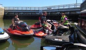 Passage through a lock on the Cumberland River was part of the Sea-Doo media launch in Nashville in mid-September. Here, members of the Sea-Doo team wait for the water in the lock to rise. 