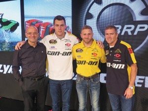 From the left, BRP CEO Jose Boisjoli and NASCAR drivers Alex Labbé, Jeffrey Earnhardt and Bobby Labonte. 