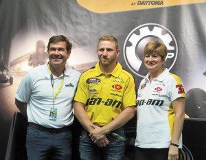 From the left, Daytona International Speedway president Joie Chitwood III, Jeffrey Earnhardt and Anne Beléc, senior vice president, BRP Global Brands and Strategy. BRP will serve as the title sponsor for the 150-mile qualifying races for the Daytona 500, the Can-Am Duel at Daytona.