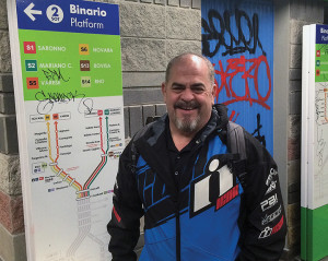 SpeedMob Inc. president Tim Calhoun gets ready to board another train to EICMA in Milan.