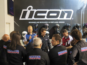 ICON Motorsports general manager Justin Knauer makes a production presentation to Parts Europe reps at EICMA in Milan.