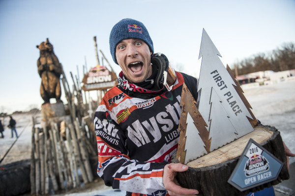 Levi LeValle celebrates after winning Red Bull Snow Boundaries in Elk River, MN on February 20, 2016.