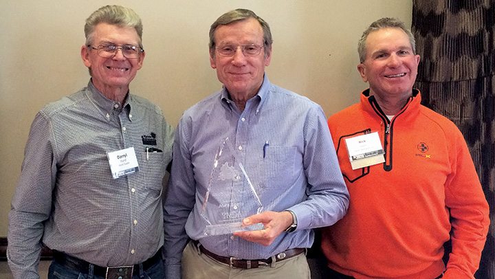 When the Texas Motorcycle Dealers Association gathered in Austin for its annual meeting, Alvin Sharp (center) had a story or two to tell. He founded Sharp’s Motorcycle Sales in Pampa, Texas, in 1964, selling BSA and Bridgestone motorcycles. Sharp was awarded the Woody Leone Memorial Award for his contributions to the TMDA. Darryl Hurst (left) of Hurst Supply Co. in Columbus and Rick Higgins (right), a TMDA board member and a now a partner of Sharp’s at Sharp’s Motorsports in Amarillo, presented the award.