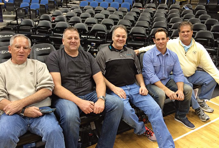 Minnesota Timberwolves courtside seats were a hit with CFMOTO regional sales managers (from left) Harlan King, Dave Hrejsa, Dave Auringer (VP of sales and dealer development), Johnny Hayes and Jim Gotham.