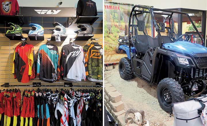 Left: Brands including FLY Racing get premium showcase attention. Right: The store’s side-by-side display is one of the best we have seen.