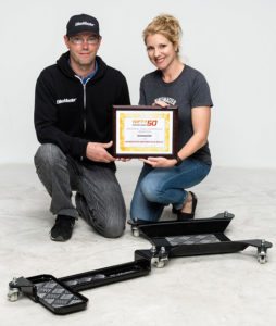 BikeMaster won another Nifty 50 award in 2016 for its Motorcycle Dolly. (From left) BikeMaster brand manager Phillip Mayfield and brand manager Katie Qatato show off their latest certificate.