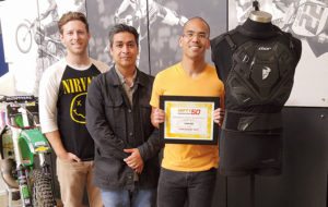 Thor’s Sentry Vest, available from Parts Unlimited, was selected as a Powersports Business Nifty 50 winner earlier this year. (From left) Michael Tam, product designer and developer; Aaron Morales, senior designer; and Warren Davis, product designer, were part of the product’s launch team.