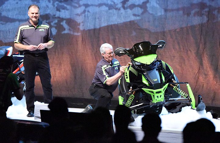 Roger Skime adds his signature to the limited edition 2017 ZR 6000 RS snowmobile that was revealed during the Arctic Cat dealer meeting in Las Vegas.