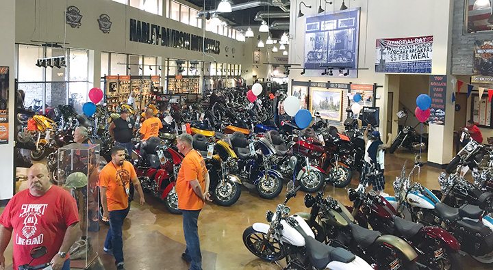 The showroom of Riverside Harley-Davidson in California is striking, with about 100 bikes in the showroom at all times. 