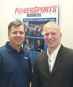 PSB editor in chief Dave McMahon, left, welcomed Mark Moon, new director of powersports at Dowco Power Sports, to the PSB offices in August.