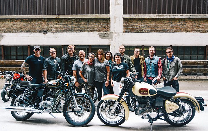 Royal Enfield North America brand ambassadors pose at the opening of the company’s headquarters. The two-day event was held in conjunction with the grand opening of Royal Enfield of Milwaukee’s flagship showroom on Sept. 10.