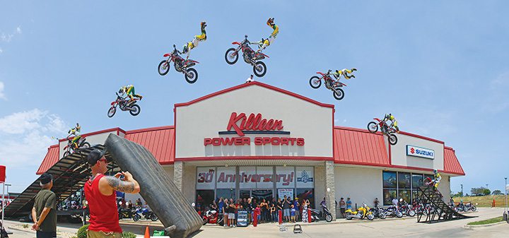 Events at Killeen Power Sports are focused on community building, rather than sales, as highlighted in this photo created of a motorcycle jump in front of the Texas dealership. 