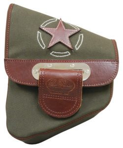 The Army Green with Brown Leather Star Canvas Softail Saddle Bag by La Rosa Design retails for $124.99.