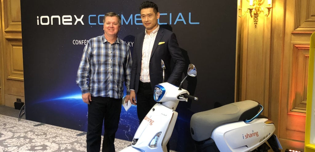 Powersports Business editor-in-chief Dave McMahon (left) and KYMCO president Allen Ko at the launch of the Ionex electric scooter brand at the 2018 Paris Motor Show.