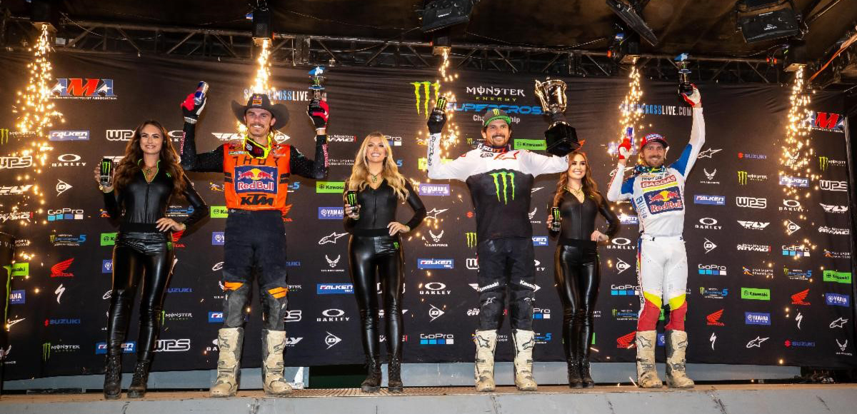 450SX Class podium (riders left to right) Aaron Plessinger, Jason Anderson, and Justin Barcia. Photo Credit: Feld Entertainment, Inc.