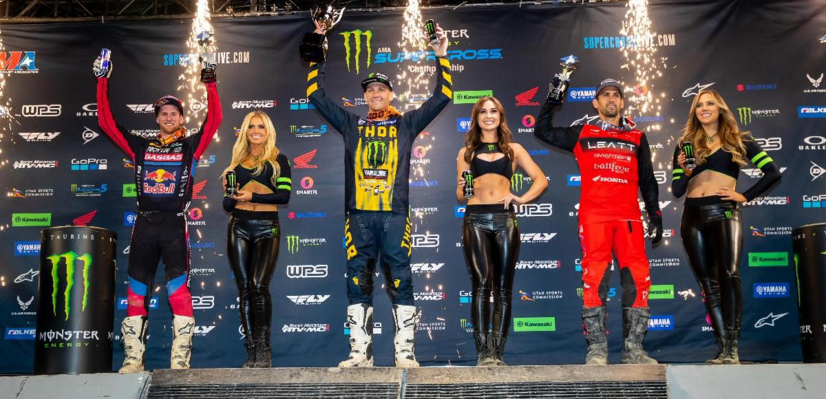 250SX Class podium (riders left to right) Michael Mosiman, Christian Craig, and Vince Friese. Photo Credit: Feld Entertainment, Inc.