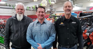 (From left) David Denman (prior GM and new owner), Mike Pate (vice president of Powersports Listings M&A) and Rodney Reim (seller) at Ken & Joe’s Powersports in Santa Clarita, California.