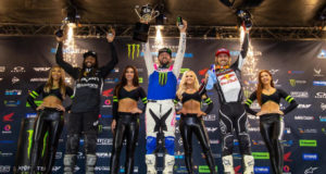 450SX Class podium (riders left to right) Malcolm Stewart, Eli Tomac, and Justin Barcia. Photo Credit: Feld Entertainment, Inc.