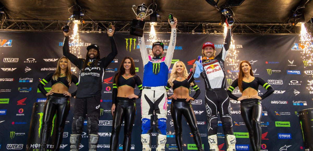 450SX Class podium (riders left to right) Malcolm Stewart, Eli Tomac, and Justin Barcia. Photo Credit: Feld Entertainment, Inc.