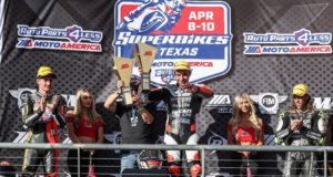 (From left to right) Mathew Scholtz, Danilo Petrucci and Cameron Petersen celebrate on the COTA podium. Photo by Brian J. Nelson