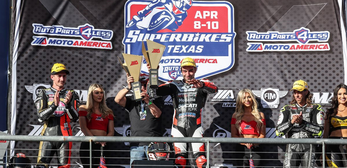 (From left to right) Mathew Scholtz, Danilo Petrucci and Cameron Petersen celebrate on the COTA podium. Photo by Brian J. Nelson