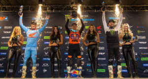 450SX Class podium (riders left to right) Chase Sexton, Marvin Musquin, and Eli Tomac. Photo Credit: Feld Entertainment, Inc.