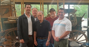 From left: Tom Macatee, David Clay, Larry Hay, Michael Keeton, Mike Pate in front of the famous Wild West Chuck Wagon.