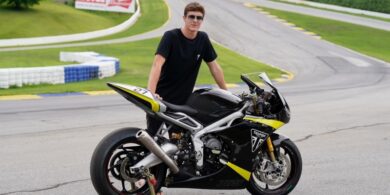 Brandon Paasch is pictured with a Triumph Daytona 765 in racing trim